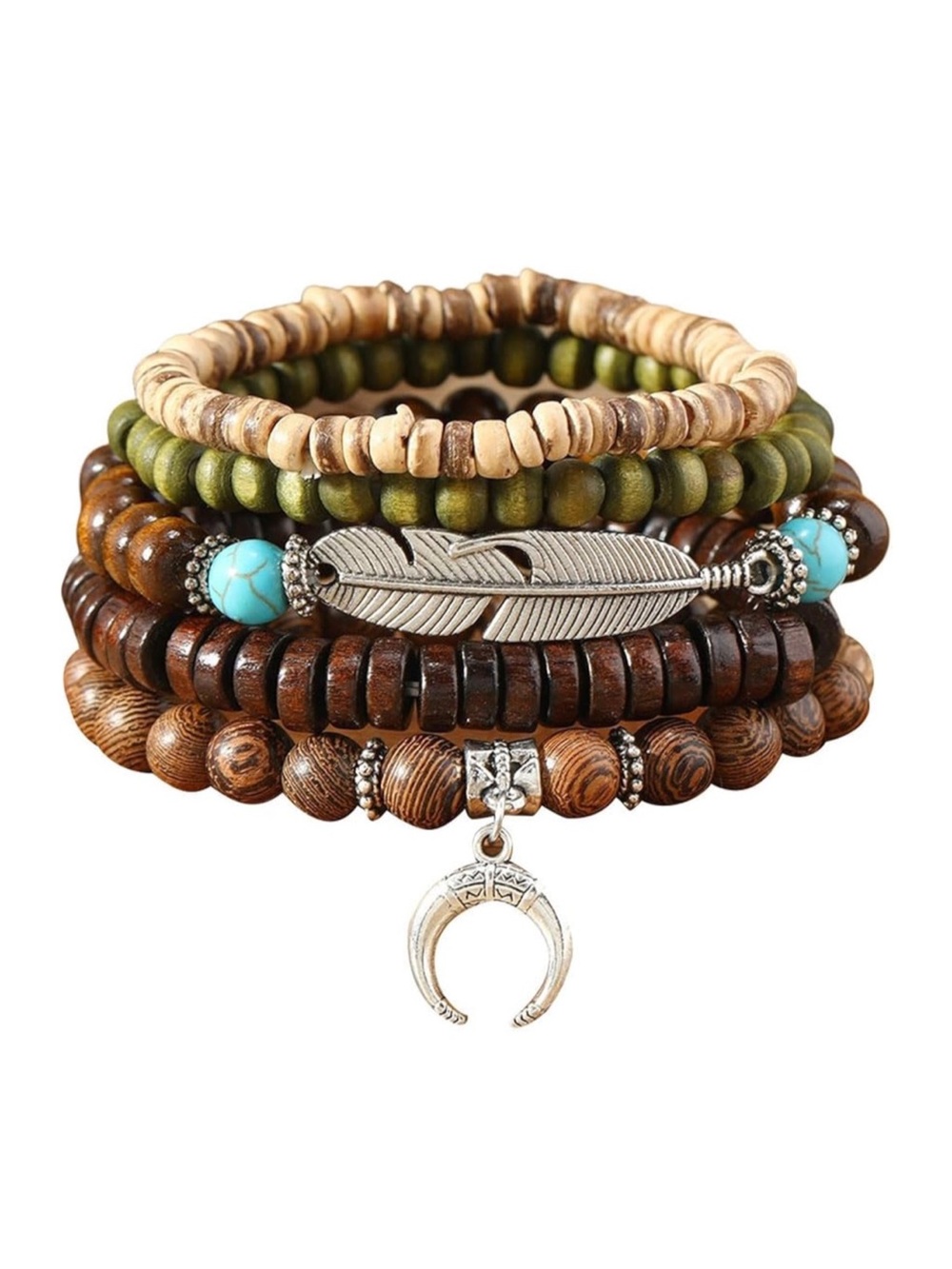 🌙✨5pcs Western Brown, Olive & Turquoise Beaded Layered Bracelet Set - Picture 6 of 7